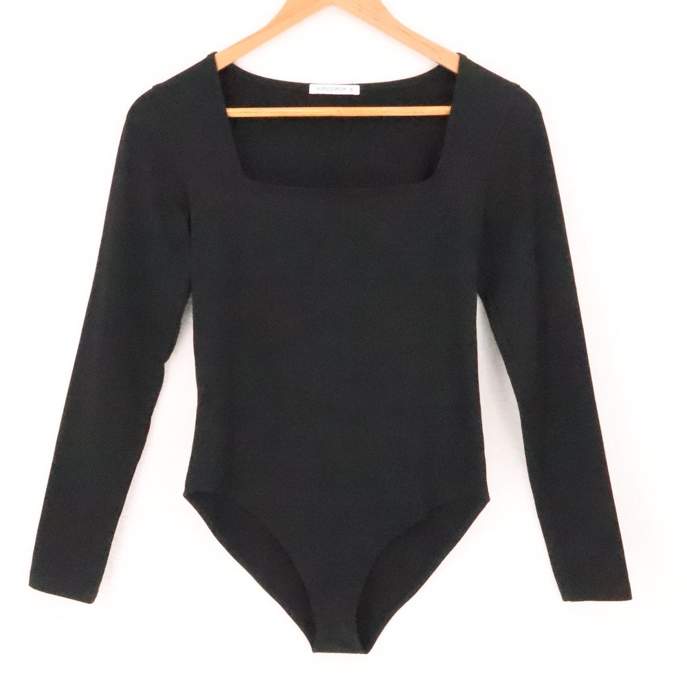 Mangopop Square Neck Bodysuit Womens Size S Black Minimalist Long Sleeve Stretch